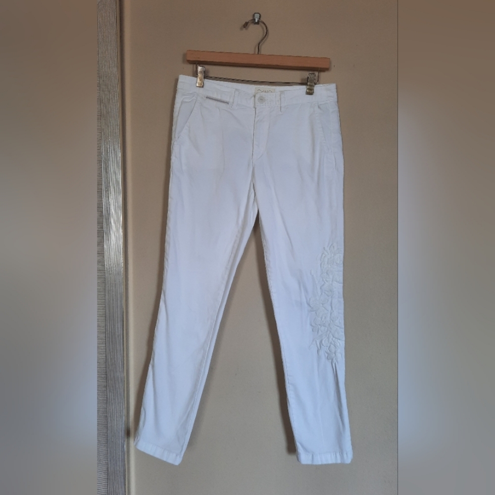 Anthropologie Chino White Embroidered Pants Relaxed 28 Casual Elevated